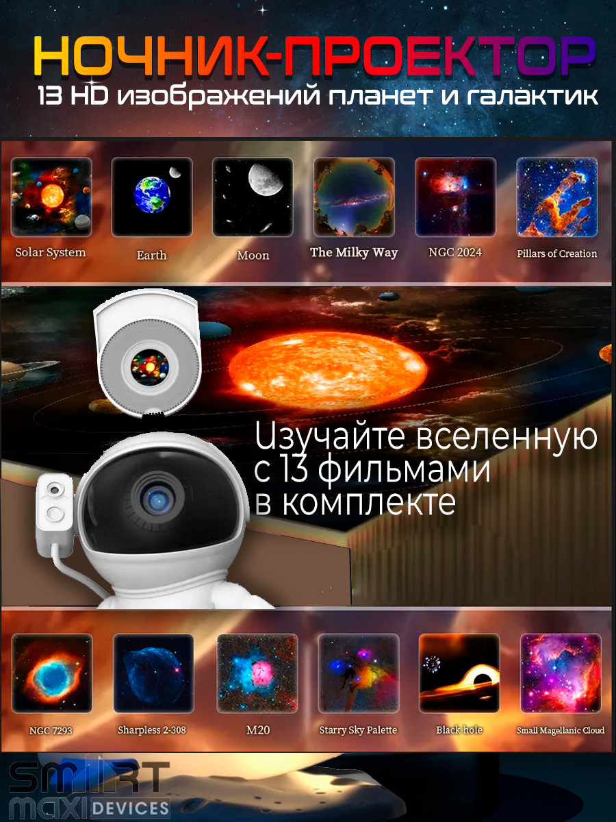 Ночники-проекторы (звездное небо, сияние, реальное небо со слайдами, музыкальный)